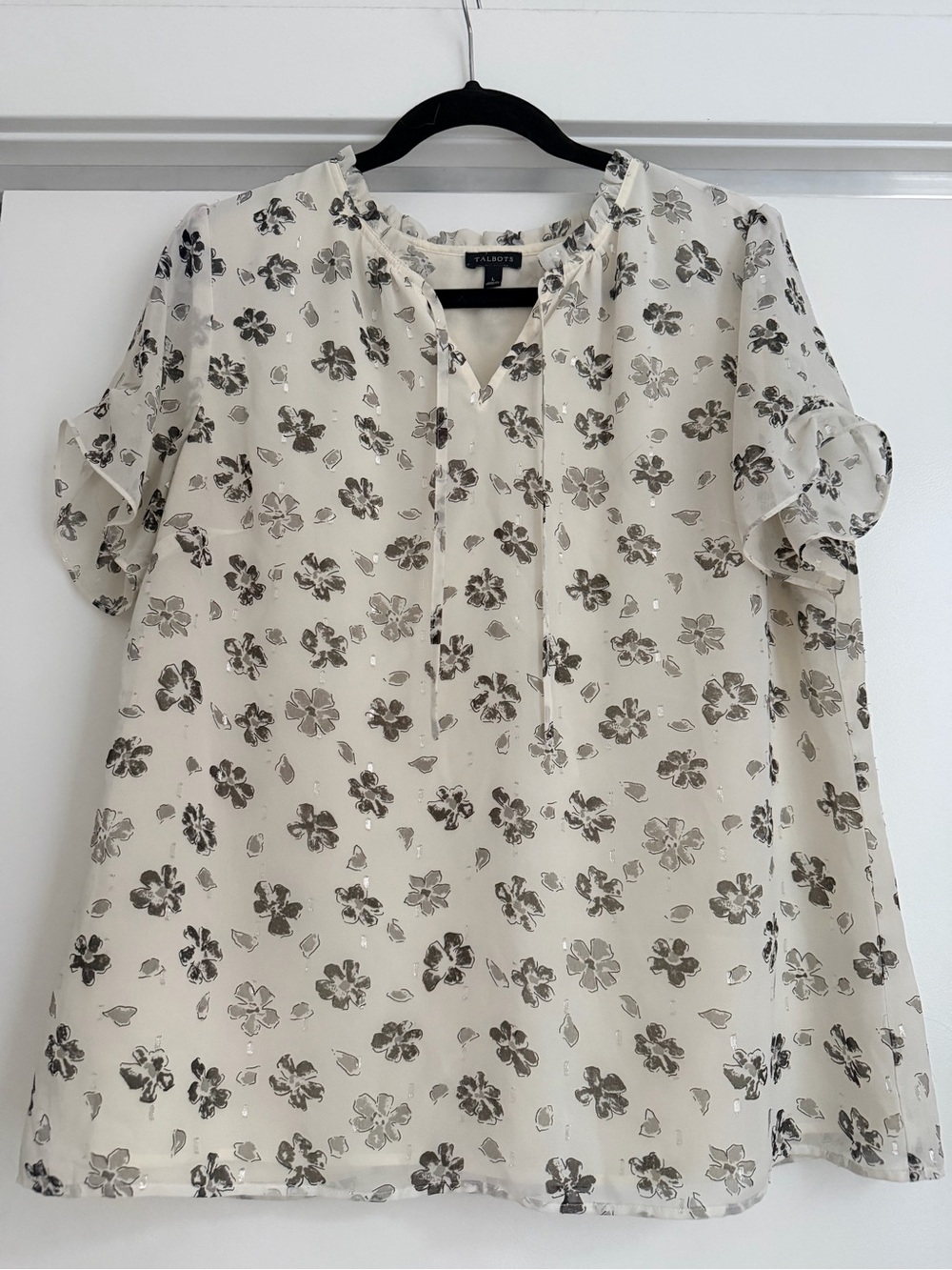 Talbots Cream Floral Metallic-Print Short Sleeve Blouse